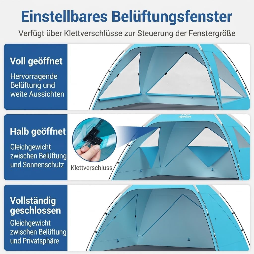 Wolfwise Strandmuschel UV Schutz, 3 Belüftungsfenster & Tragetasche, Strand Zelt mit erweiterbarem B