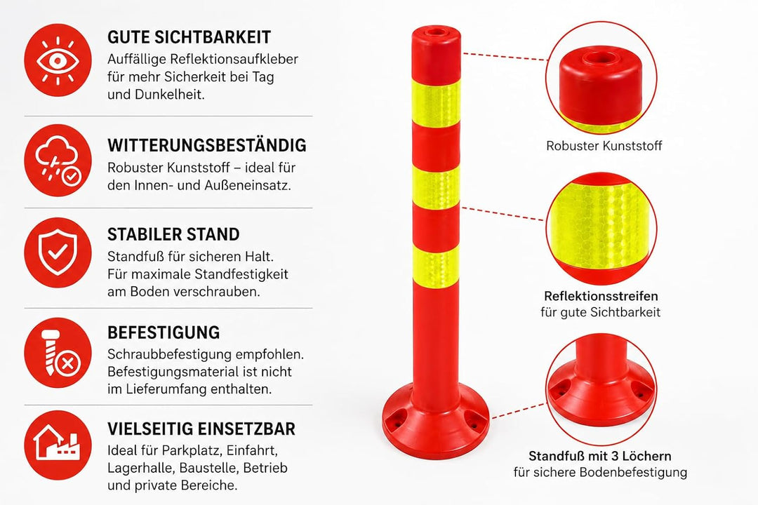 10er Sparset Absperrpfosten aus Kunststoff - Höhe 72,5cm reflektierend Absperrung für Lagerhalle, Pa