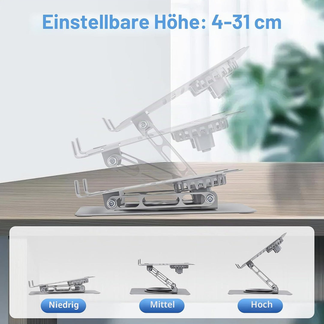Laptop Ständer mit Lüfter, Ergonomisch Verstellbarer Belüfteter Notebook Halterung mit 360°-Drehung,