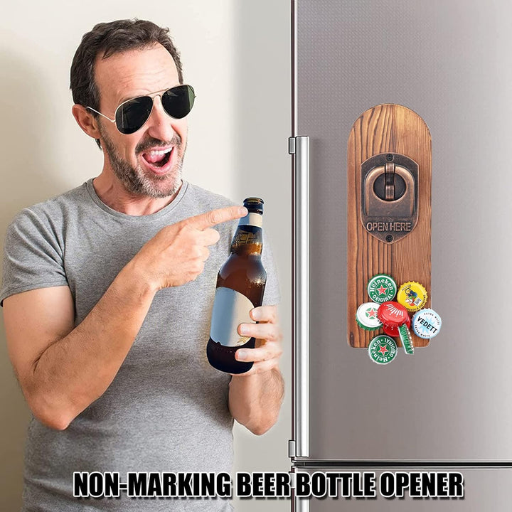 ZONSUSE Flaschenöffner Wand Magnet mit Auffangbehälter,Vintage Holz Bieröffner Wand mit Behälter,Mag