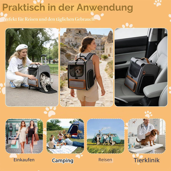 3-in-1 Katzenrucksack mit Rädern, Abnehmbaren Hunderucksack mit Sonnenschutzrollos, Belüftetes Desig