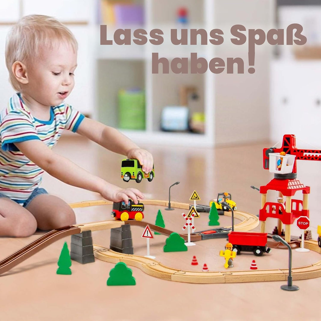 86PCS Holzeisenbahn Set mit Kran, Eisenbahn Holz mit Kran Spielzeug, Holz Eisenbahn Kinder, Passend
