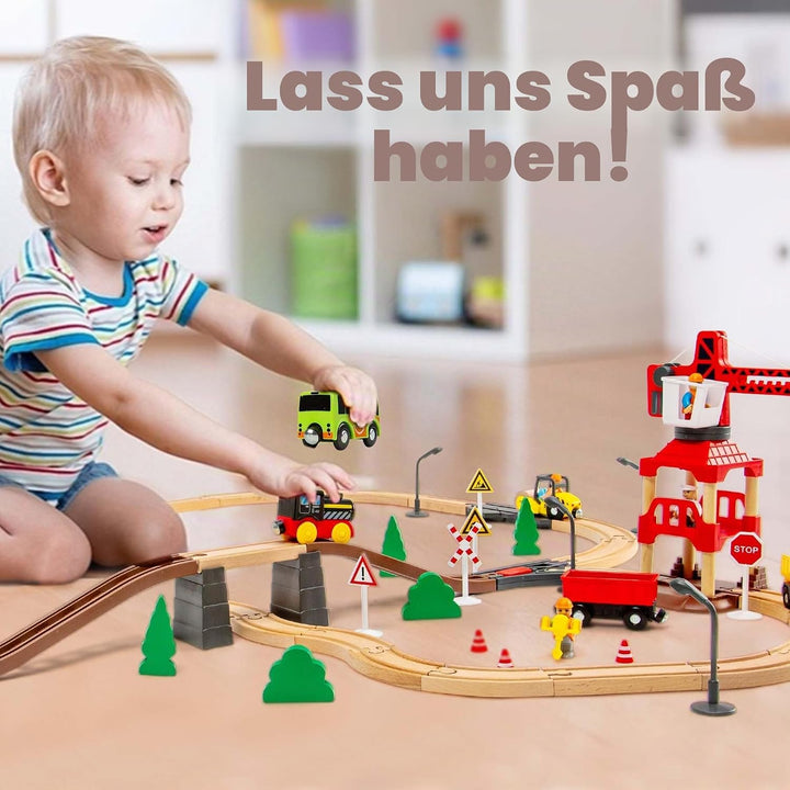 86PCS Holzeisenbahn Set mit Kran, Eisenbahn Holz mit Kran Spielzeug, Holz Eisenbahn Kinder, Passend