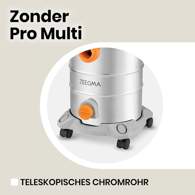 Zeegma ZONDER PRO Multi Nass Trockensauger, Industriestaubsauger 1600W für Asche, Behälter 25 L, Fil