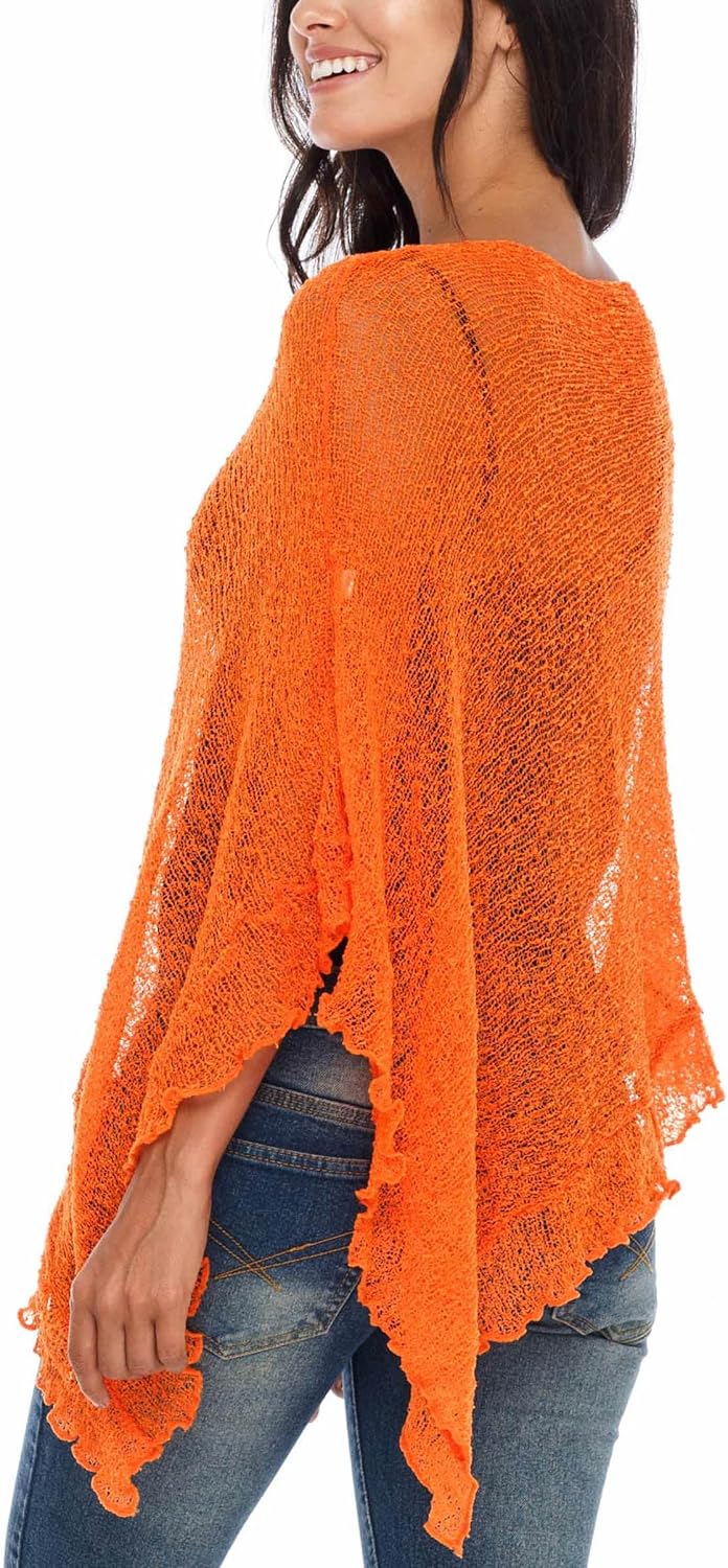 SHU-SHI - Damen Poncho-Top mit Rüschen - transparent - leichtes Strickmaterial Leuchtendes Orange, L
