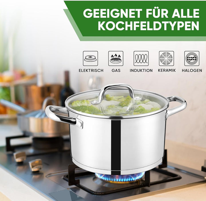 24cm Kochtopf, Onader 3-Lagiger Boden Edelstahl Topf Induktion mit Glasdeckel, 5,6L Nudeltopf Suppen