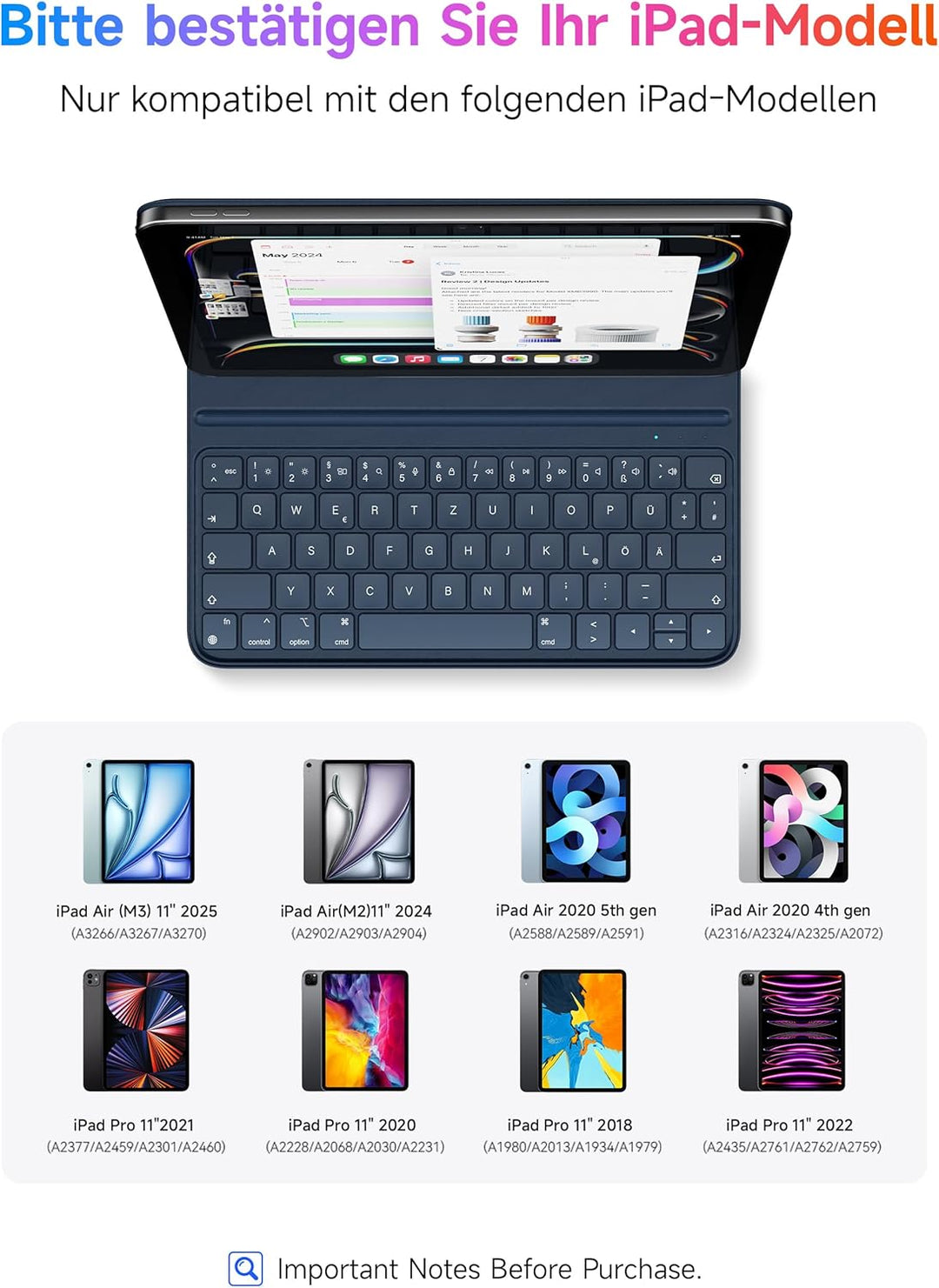 HOU Tastatur Hülle für iPad Air 6 11 Zoll, iPad Pro 11 Hülle mit Tastatur (4./3./2./1st),Kompatibel