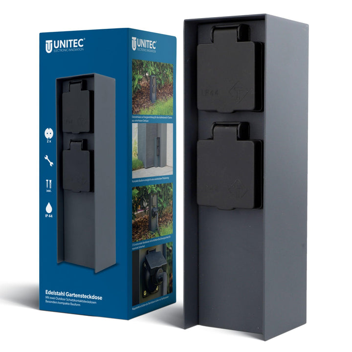 Unitec Steckdosenverteiler für den Garten, Steckdosensäule, Aussensteckdose, Edelstahl IP 44, 2 Stec