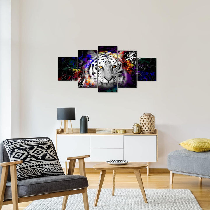Runa Art Wandbilder Tiere Bunt Tiger 5 Teilig Bild auf Vlies Leinwand Deko Loft Wohnzimmer Street Ar