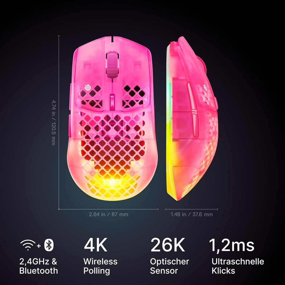 SteelSeries Aerox 3 Wireless Gen 2 – Ultraleichte 68-g-Gaming-Maus, 4K-Polling, 26K-DPI-Optiksensor,