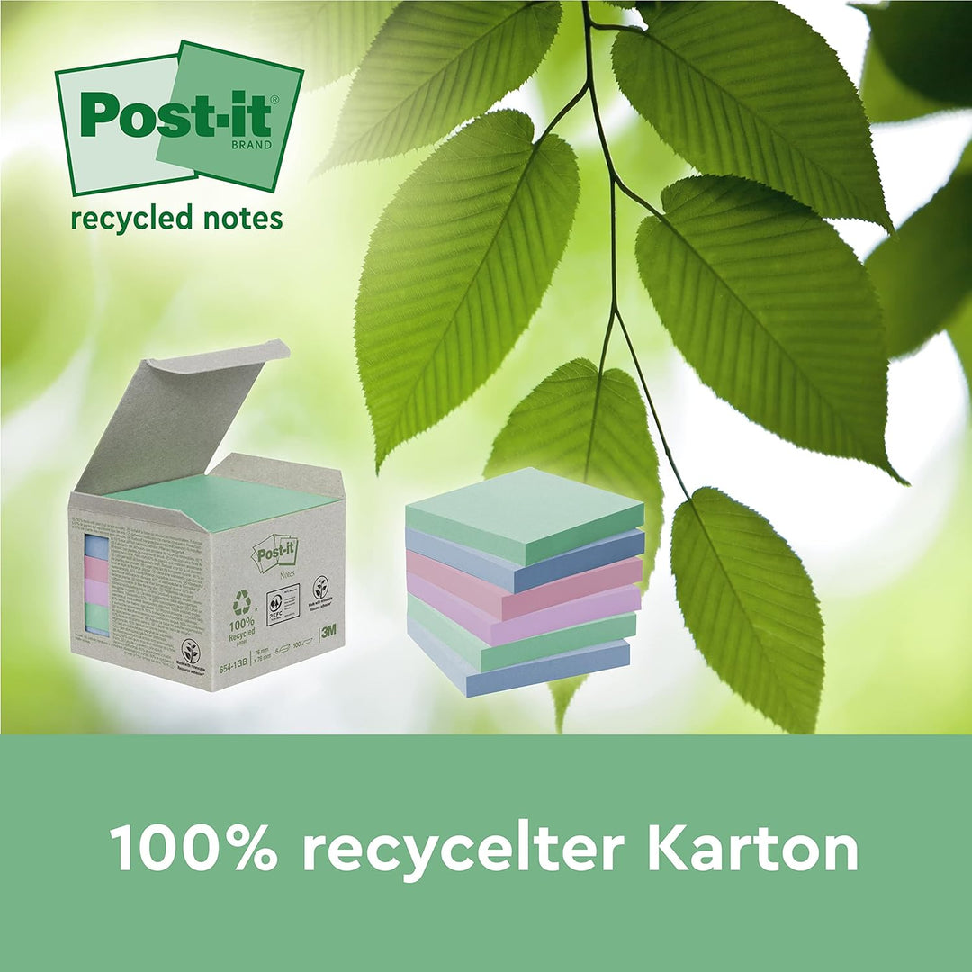 Post-it Recycling Notes, Assortierte Farben, Packung mit 24 Blöcken, 100 Blatt pro Block, 38 mm x 51