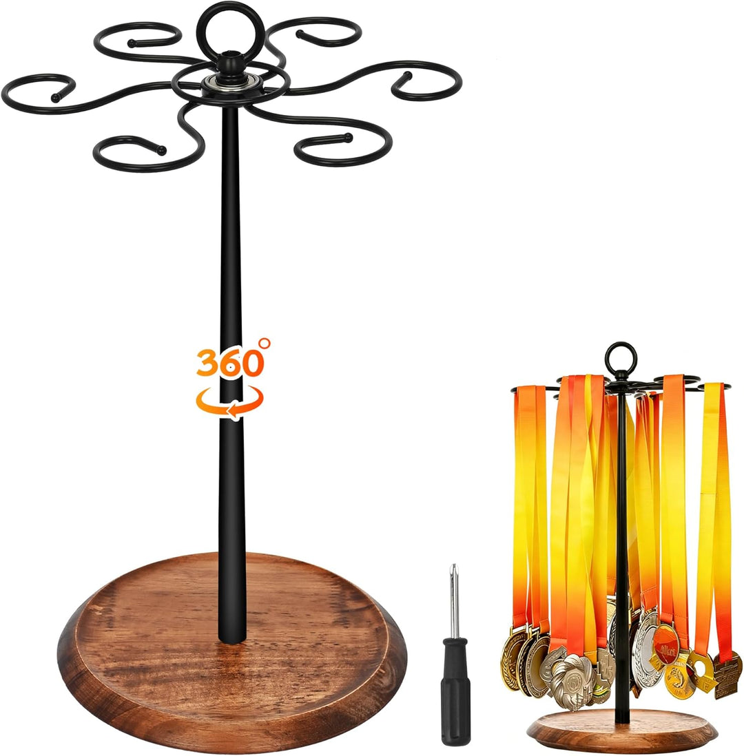 ohbien 360 Grad Drehbares Medaillenhalter Medaillen Aufhänger Holz für über 30+ Medaillen, Ohne Bohr