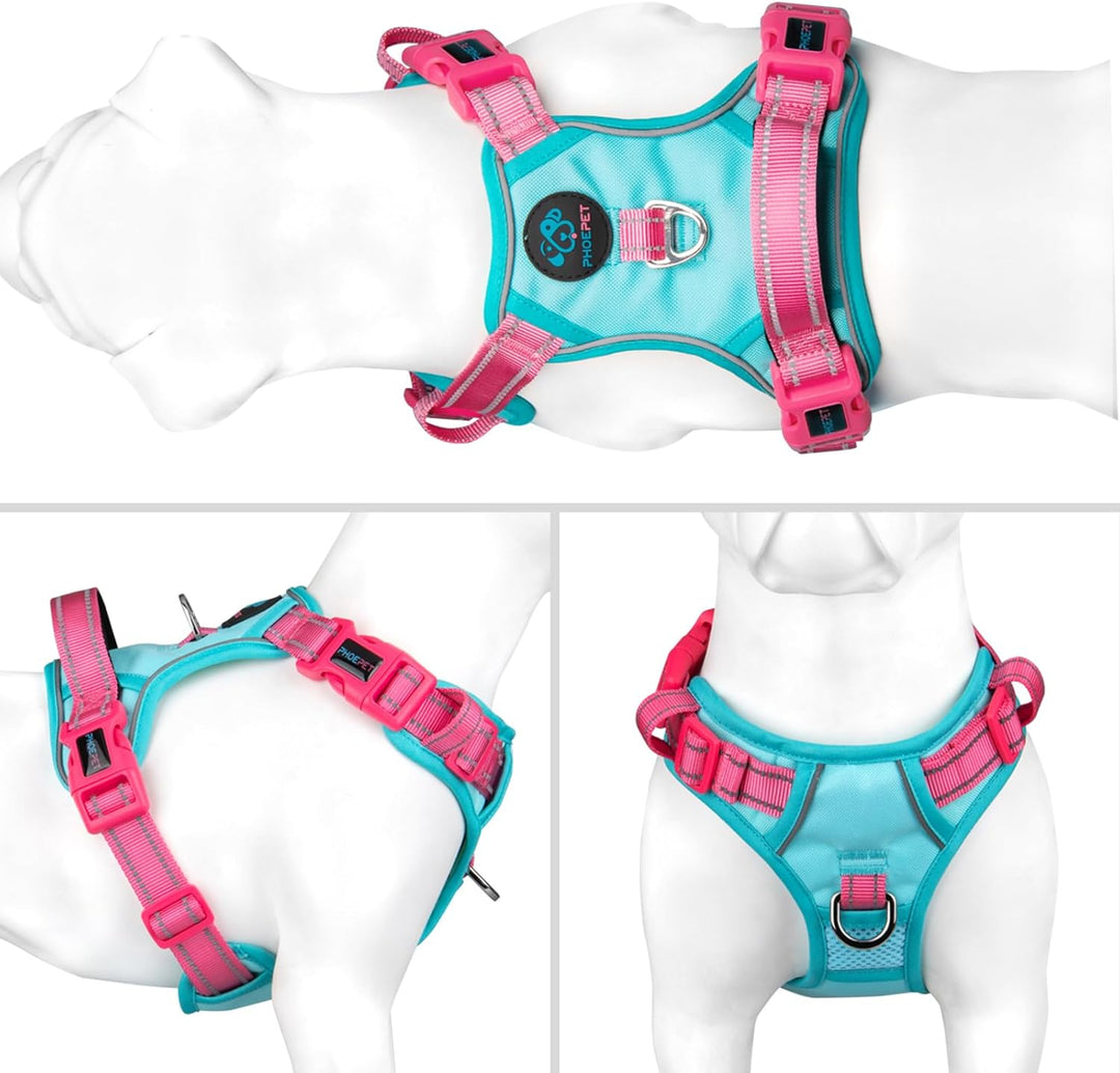 PHOEPET Anti-Zug Hundegeschirr verstellbar mit Reflektoren | Trainingsgriff & Metallclips für alle H