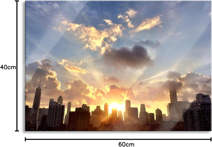 Pixxprint Glasbild | Wandbild aus Echtglas | Chicago Skyline im Sonnenaufgang | 60x40 cm | inkl. Auf