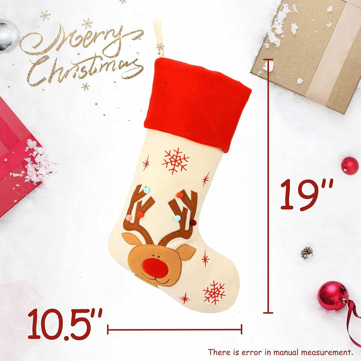 Hopearl Weihnachtsstrümpfe Set 4er - Rustikale Leinen Socken mit Weihnachtsmann, Schneemann, Rentier