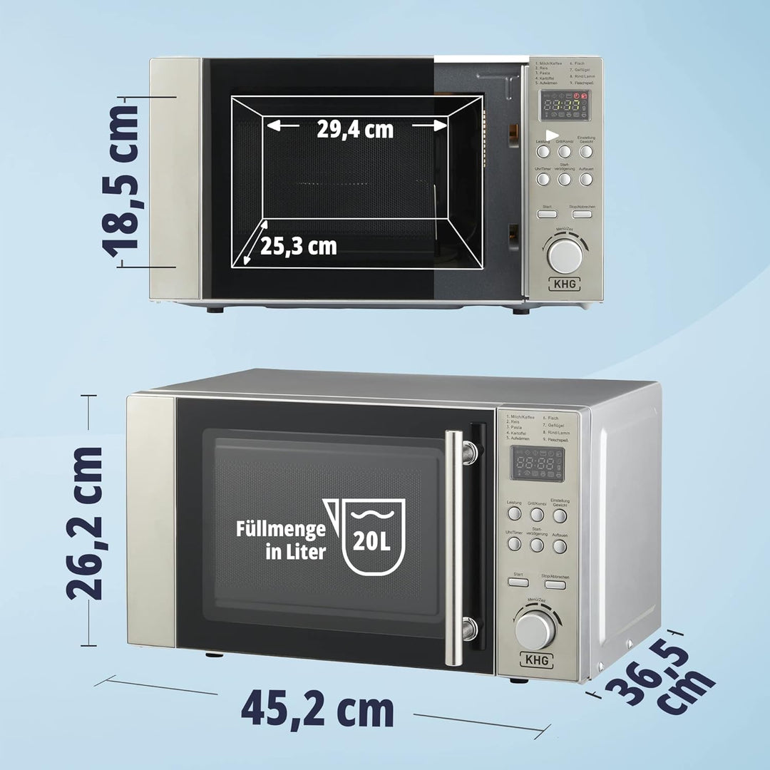 KHG Mikrowelle MW-20.1GS mit Grill 20L aus Metall in silber, 9 Automatikprogramme, 1.200 Watt, inkl.