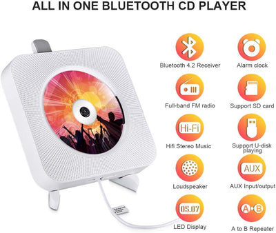 Tragbarer CD Player, Qoosea Wandmontierbar Bluetooth Eingebaute HiFi-Lautsprecher für Kinder, Music