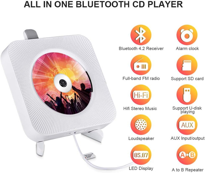 Tragbarer CD Player, Qoosea Wandmontierbar Bluetooth Eingebaute HiFi-Lautsprecher für Kinder, Music
