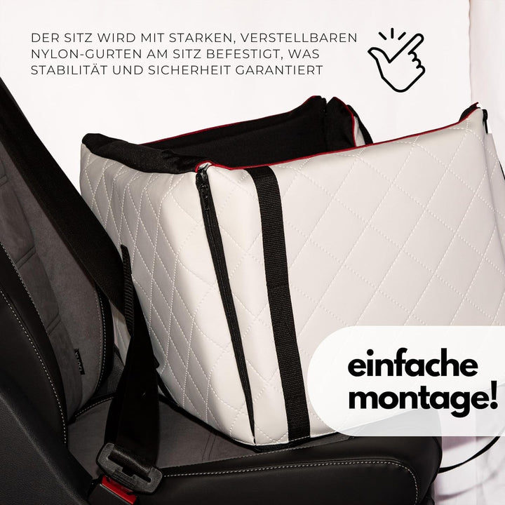 Golden Dog - Transportbox Hund mit Sicherheitsgurt L-65x53x27 cm - Leder Imitation Autositz Hund, Wa