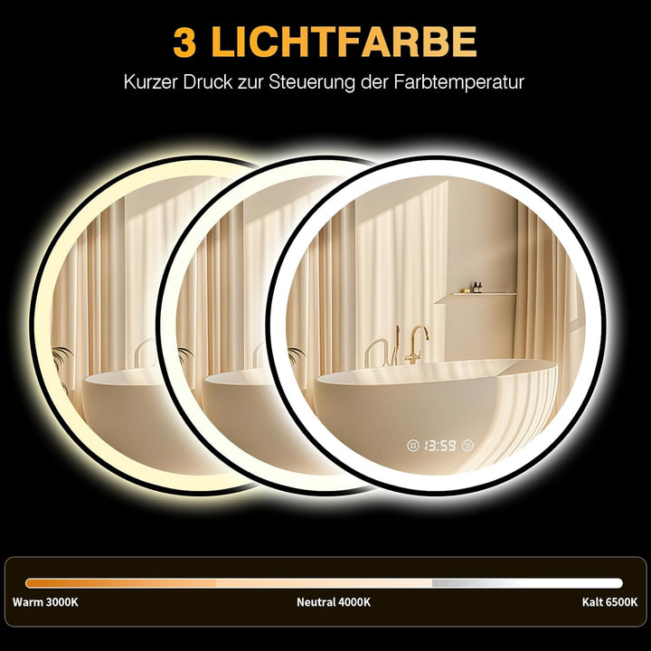 LED Spiegel mit Uhr - 70cm Runder Spiegel mit Beleuchtung Antibeschlag, Dimmbar, 3 Lichtfarben, Ener