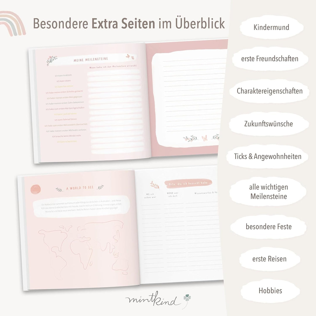 mintkind® "Meine Kindheit" Erinnerungsalbum Rosa Blumen Design + Sticker Set I deine ersten 10 Jahre