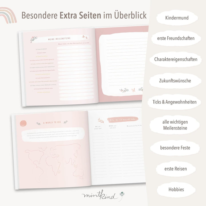 mintkind® "Meine Kindheit" Erinnerungsalbum Rosa Blumen Design + Sticker Set I deine ersten 10 Jahre