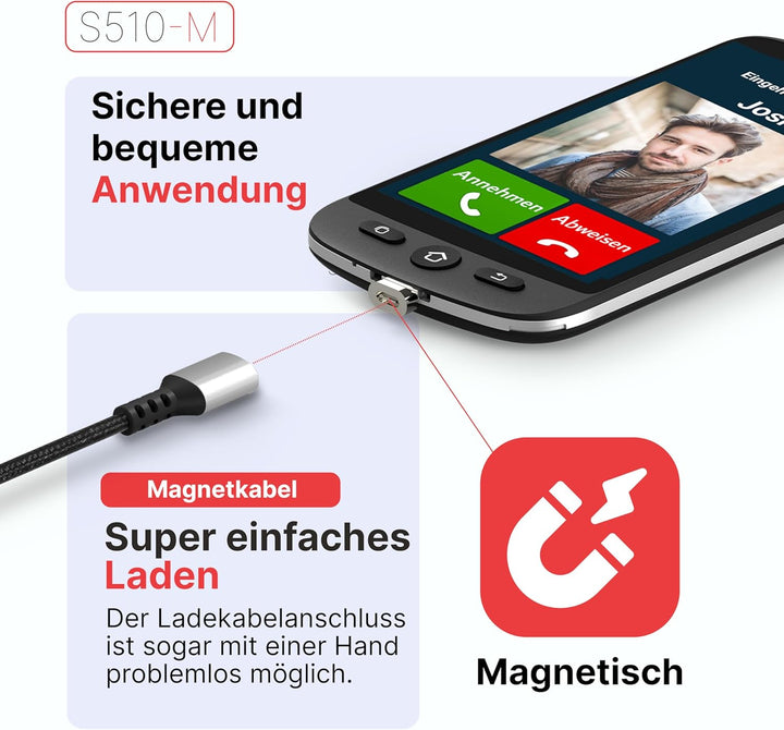 swissvoice - Smartphone S510-M + Magnetisches Ladekabel - Einfach zu bedienen - SOS-Taste - Senior S