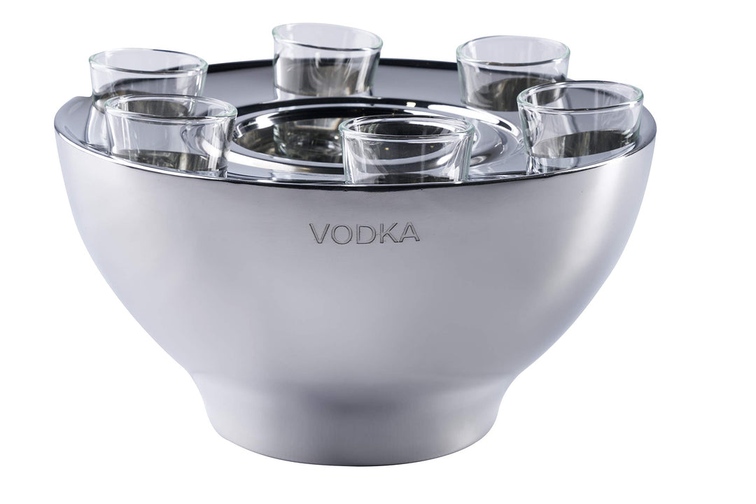 Wodkakühler Wodka Spirituosen Kühler "VODKA" Edelstahl + 6 Shotgläsern Silber, Flaschenkühler Geträn