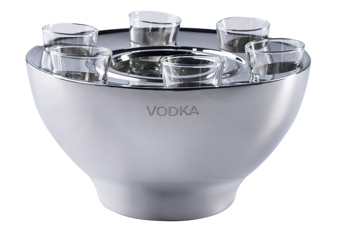 Wodkakühler Wodka Spirituosen Kühler "VODKA" Edelstahl + 6 Shotgläsern Silber, Flaschenkühler Geträn