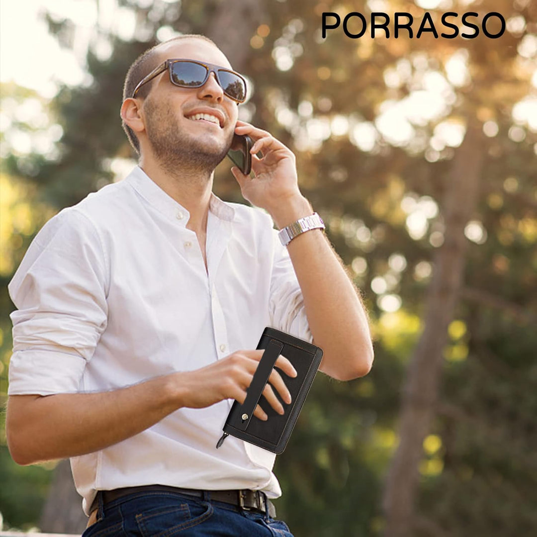 PORRASSO Herren Geldbörse Leder Clutch Tasche Kreditkartenetui Brieftasche Handytasche Portemonnaie