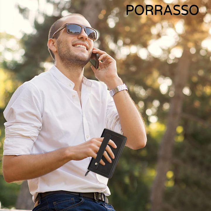 PORRASSO Herren Geldbörse Leder Clutch Tasche Kreditkartenetui Brieftasche Handytasche Portemonnaie