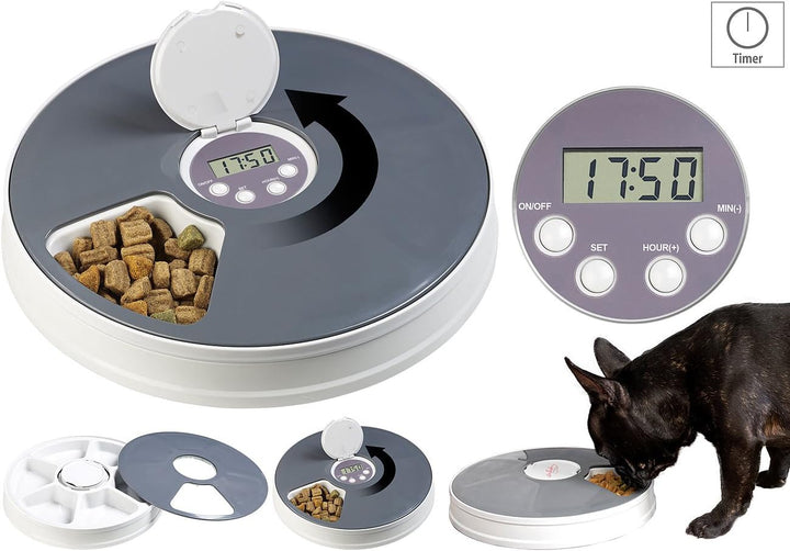 infactory Katzenfutterautomat: Zeitgesteuerter 6-Fach-Katzen- & Hunde-Futterspender, LCD-Display (Fu