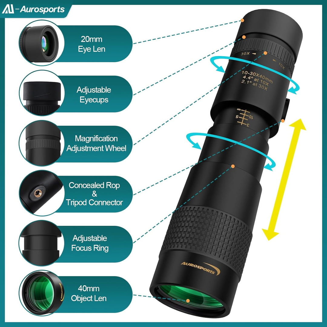 Aurosports 10-30x40 Zoom Monokular Teleskop Erwachsene, Bak4 Prisma Dual Fokus Fernrohr Kompakt Mono