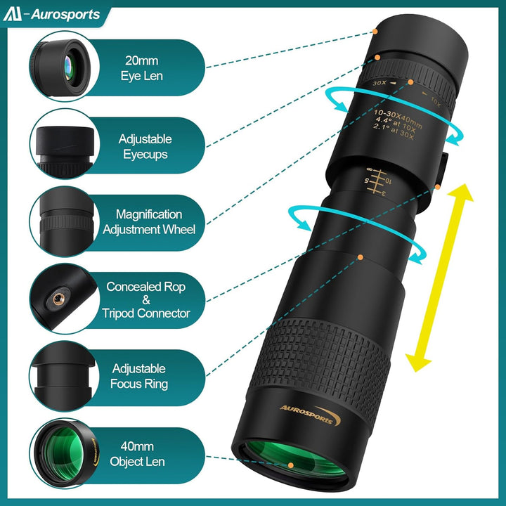 Aurosports 10-30x40 Zoom Monokular Teleskop Erwachsene, Bak4 Prisma Dual Fokus Fernrohr Kompakt Mono