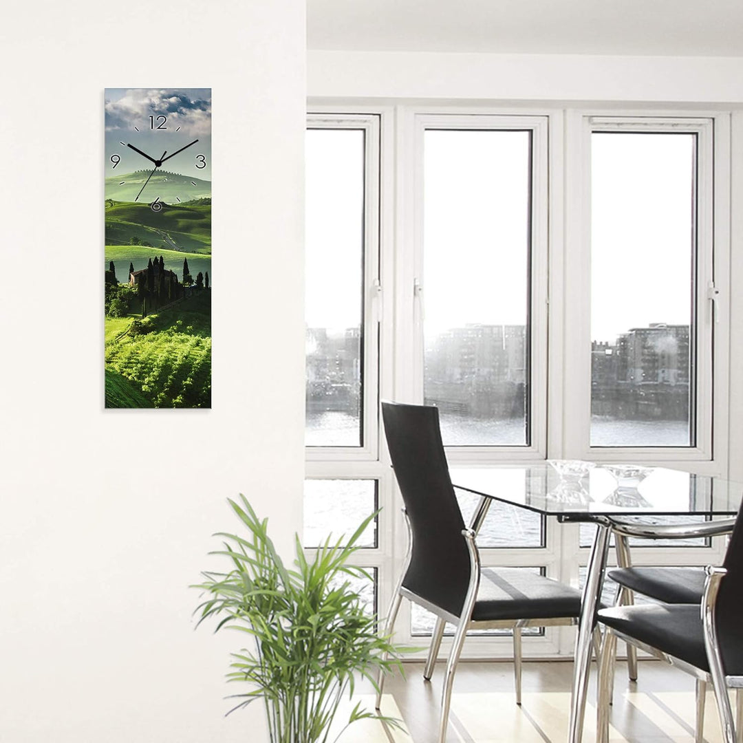 ARTLAND Wanduhr ohne Tickgeräusche Glas Funkuhr 20x60 cm Rechteckig Lautlos Toskana Natur Landschaft