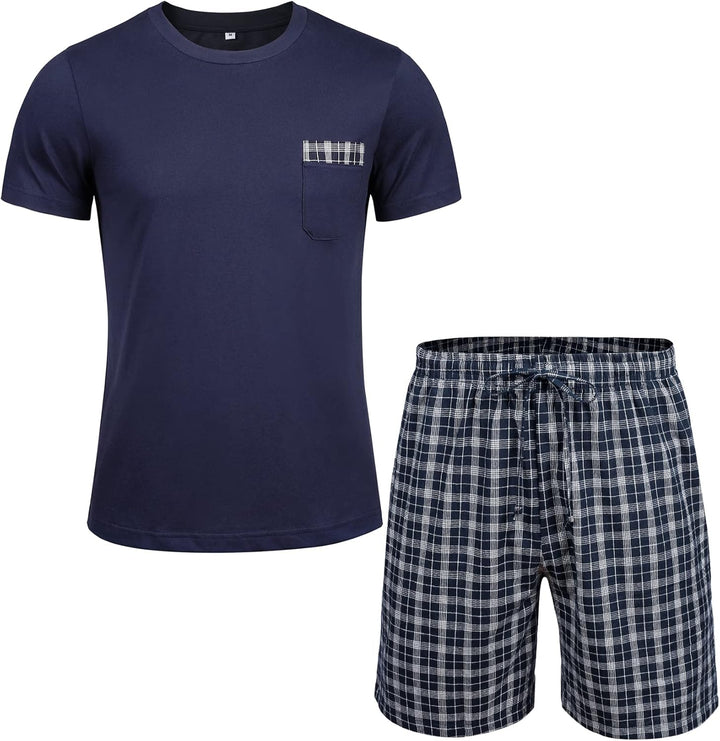 Schlafanzug Herren Kurz Pyjama 100% Baumwolle Kurzarm Nachtwäsche Nightwear Set mit Rundhals Design