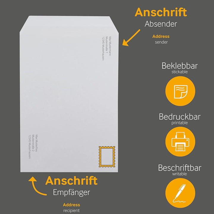 250 Stück, Versandtaschen, DIN C4, Selbstklebung, Gerade Klappe, 100 g/qm Offset, Ohne Fenster, Weis
