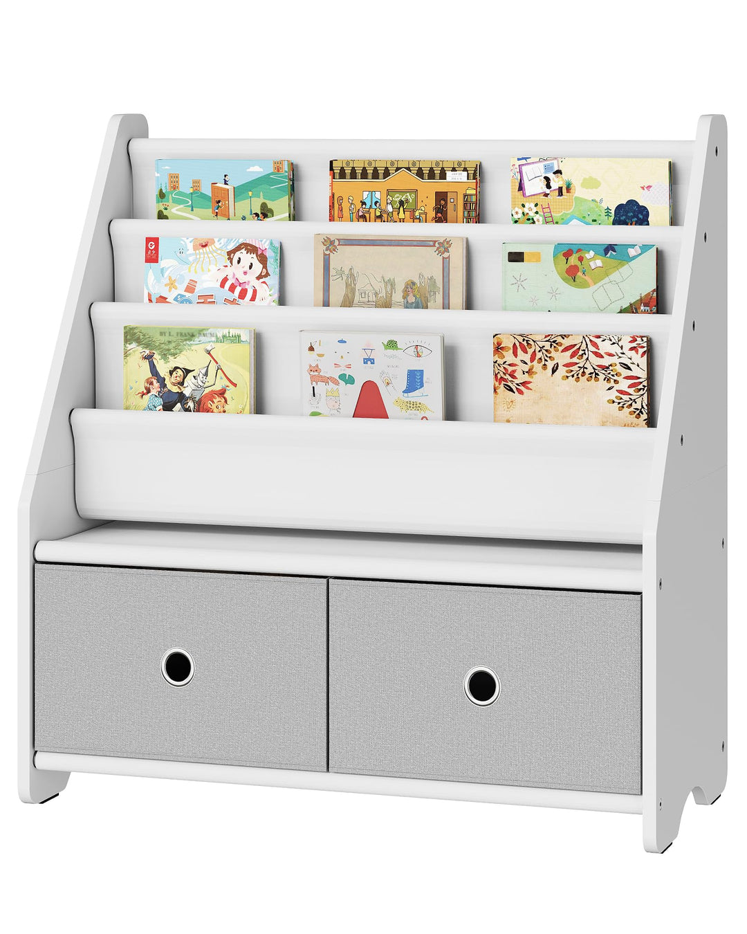 Kinder Bücherregal, Kinderregal, Spielzeug-Organizer, mit 3 Stofffächern und 2 herausziehbaren Spiel