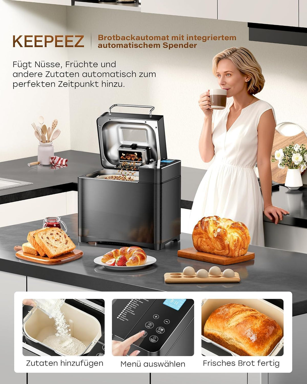 710W 1KG Konvektions Brotbackautomat mit Doppelten Heizrohren, 17 in 1 Edelstahl Brotbackmaschine, K