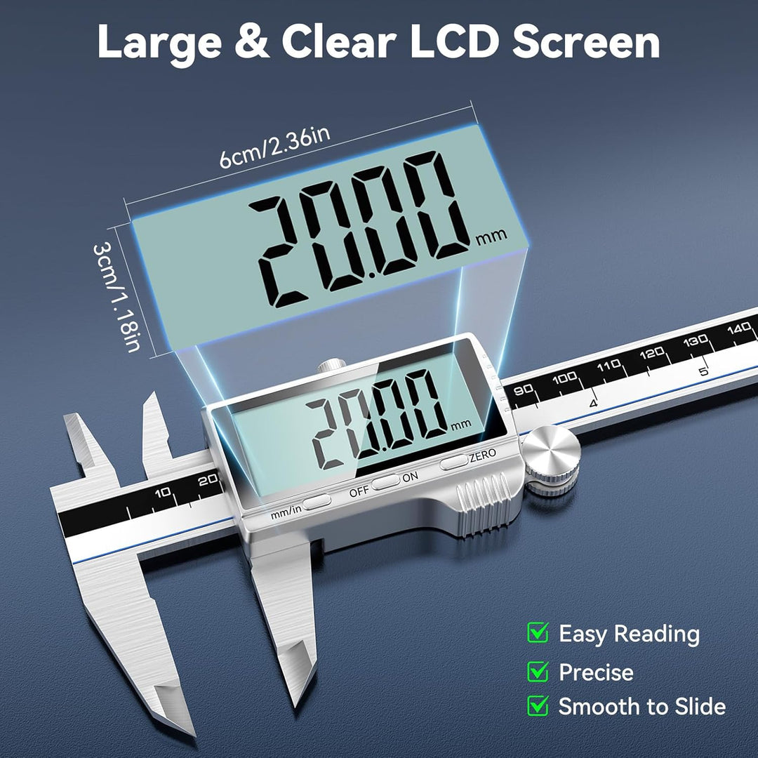 Housolution Digitaler Messschieber, 6Zoll Messschieber mit grossem LCD-Bildschirm, Zoll/MM-Schalter,