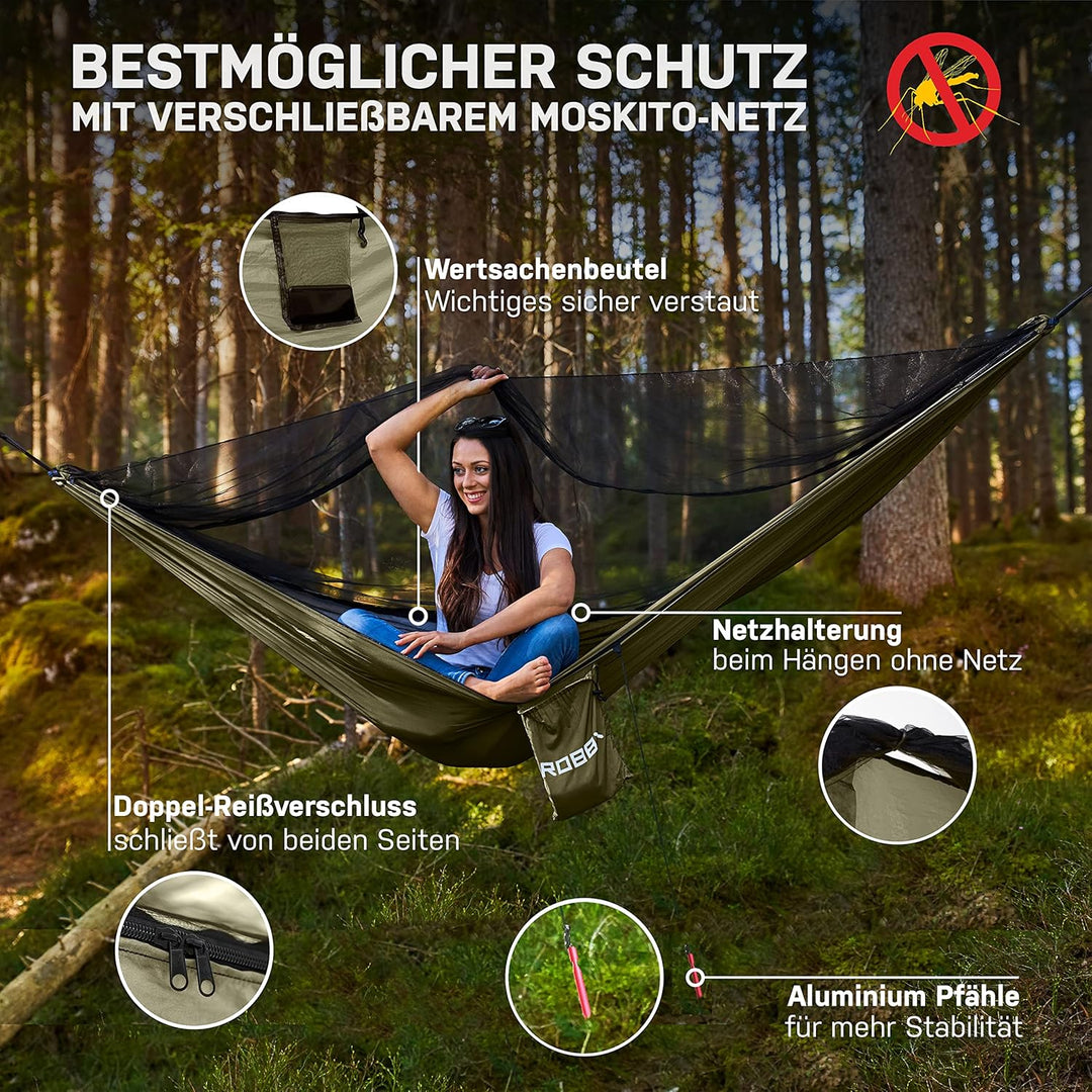 ROBBX® Hängematte Outdoor mit Moskitonetz für 2 Personen | 300kg Traglast | Doppelhängematte mit Bef