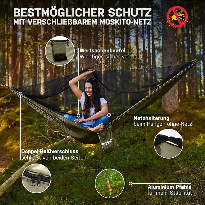 ROBBX® Hängematte Outdoor mit Moskitonetz für 2 Personen | 300kg Traglast | Doppelhängematte mit Bef