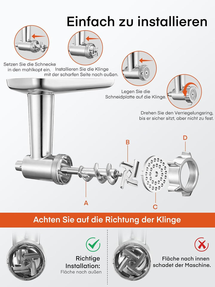 FOHERE Edelstahl Fleischwolf Aufsatz für Kitchenaid Zubehör, Standmixer, Fleischwolf Zubehör Inklusi