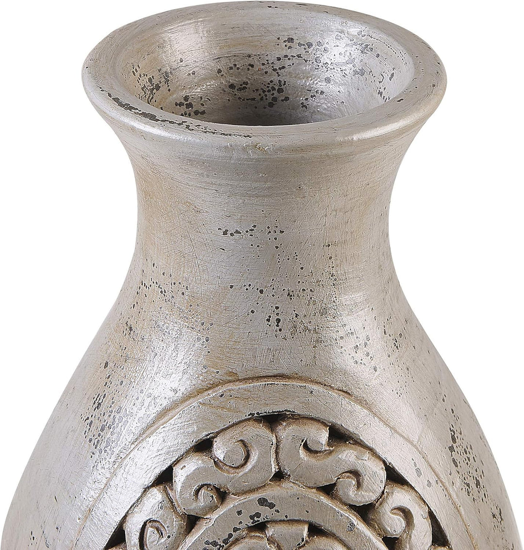 Moderne Dekovase mit floralem Relief Terrakotta 26x26x51 in Grau Megara
