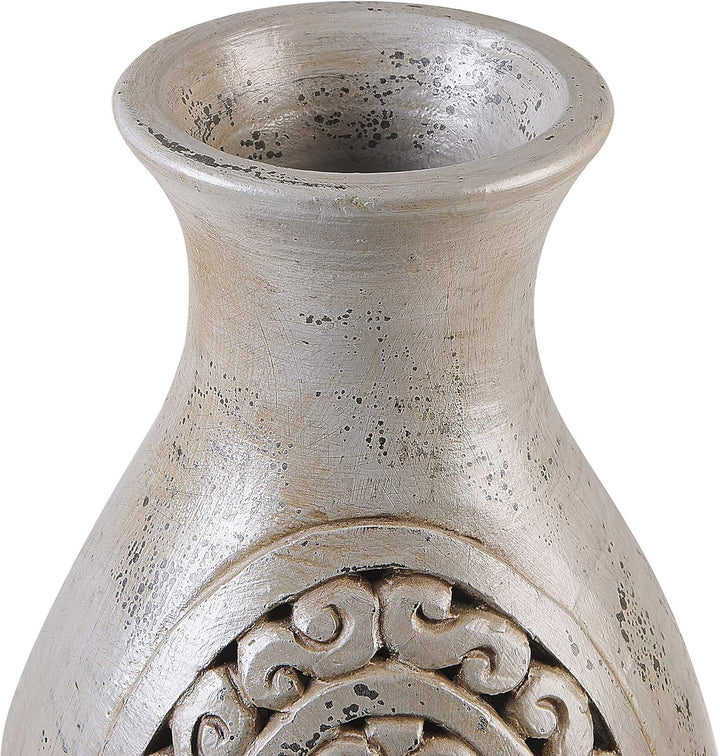 Moderne Dekovase mit floralem Relief Terrakotta 26x26x51 in Grau Megara