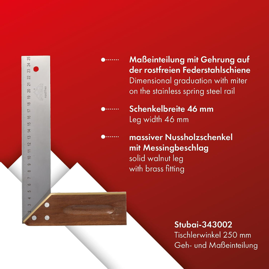 Stubai 343002 Tischlerwinkel mitGeh und Masseinteilung 250 mm, 250 mm