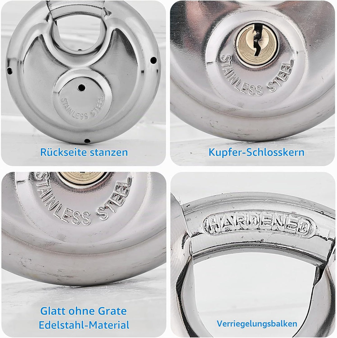4 Stück Rundbügelschloss 70mm, Vorhängeschloss mit 8 Schlüssel, Rundschloss mit Edelstahlschäkel Dis
