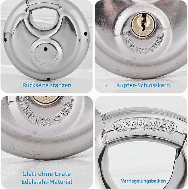4 Stück Rundbügelschloss 70mm, Vorhängeschloss mit 8 Schlüssel, Rundschloss mit Edelstahlschäkel Dis