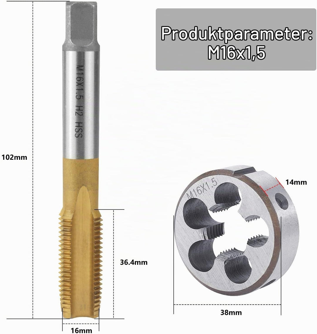 BIGP Gewindebohrer M16 X 1.5, Metrisch Gewindeschneid und Gewindeschneideisen, HSS Gewindebohrer und