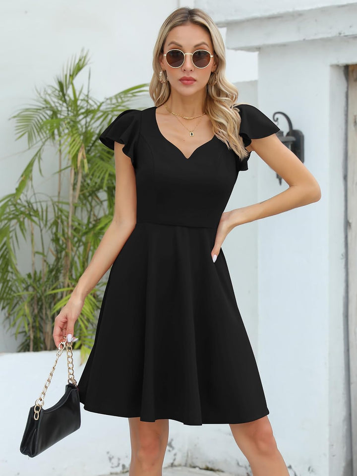 Missufe Damen Cocktailkleid Elegant Vintage Minikleid Kurz A-Linie Herzausschnitt Kleider Schwarz S,